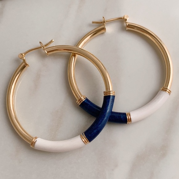 Navy Enamel Tube Hoops | 18k Gold Filled - Picture 2 of 8